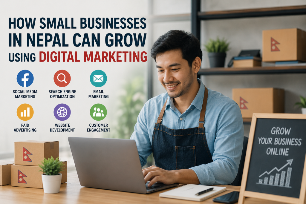 Small business owner in Nepal using digital marketing strategies like SEO, social media, and online advertising to grow business online.
